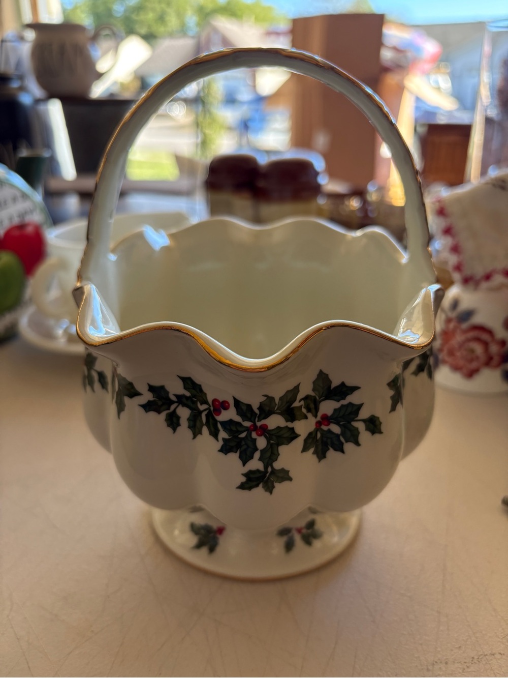 Vintage medicine and Max Holiday Holly porcelain Basket with Gold Accents